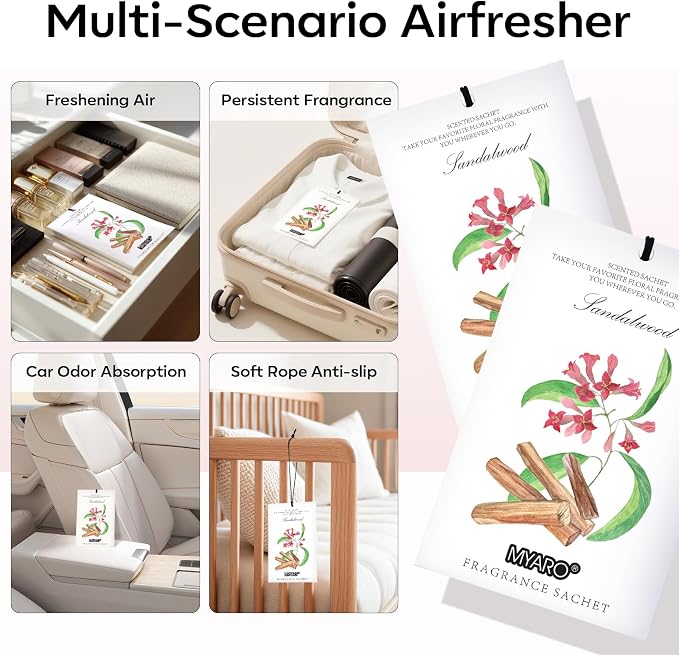 MYARO 12 Pack Sandalwood Scented Sachets, Closet Deodorizer Car Freshener | Long-Lasting Sachet Bag, Odor Eliminator for Closet, Drawer, Bathroom, Clothes, Fabric Refresher, Home Fragrance Gift Set