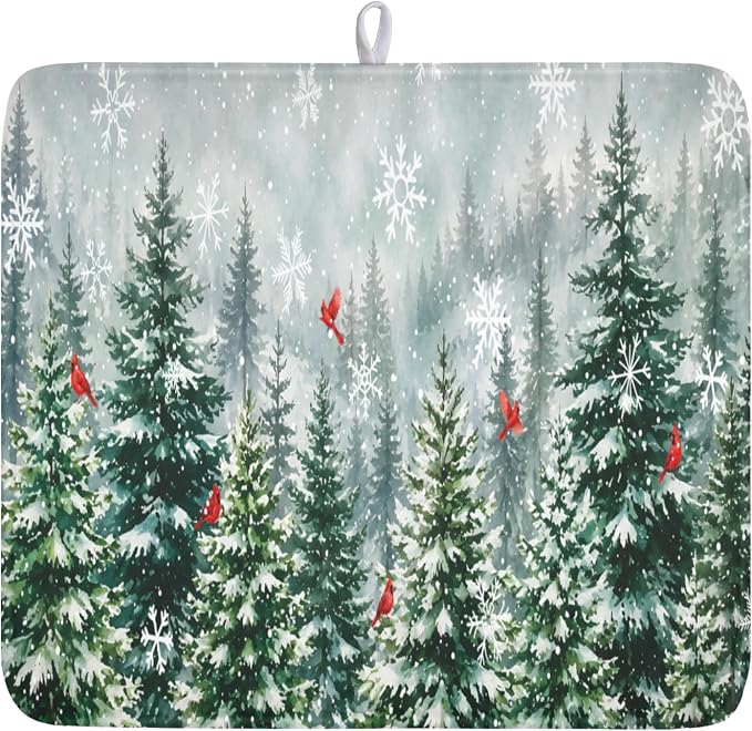 Winter Forest Snowflake Dish Drying Mat for Kitchen Counter 16"x18" | Christmas Green Pine Trees Birds Dish Drainer Mat Rustic Winter Holiday Absorbent Washable Drying Pad