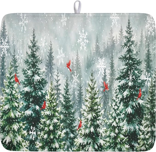 Winter Forest Snowflake Dish Drying Mat for Kitchen Counter 16"x18" | Christmas Green Pine Trees Birds Dish Drainer Mat Rustic Winter Holiday Absorbent Washable Drying Pad