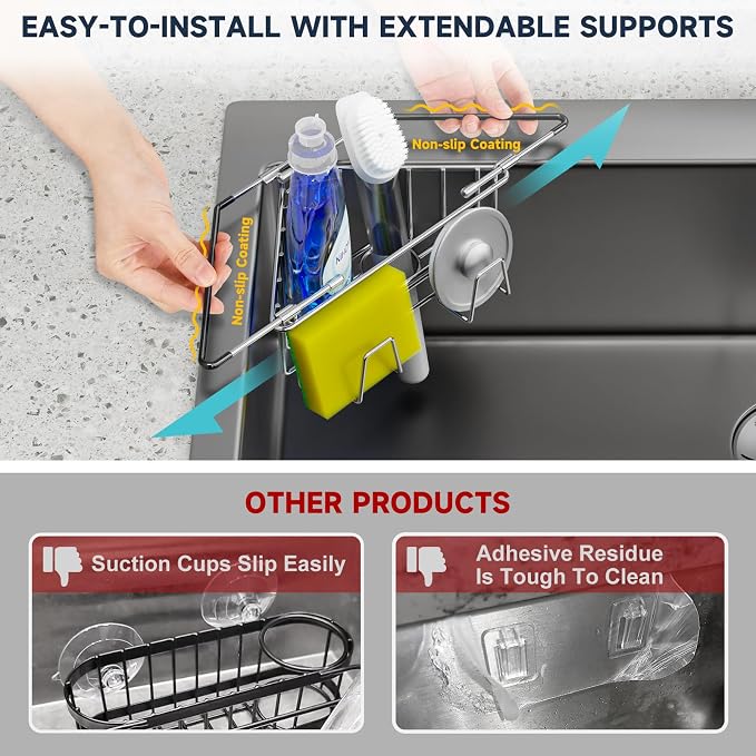 NiHome Extendable Arm Stainless Steel Kitchen Sink Corner Caddy, Easy Install Space-Saving Adjustable Sponge Holder, Non-Slip Rust-Resistant for Brushes, Soap, Sponges (Silver)