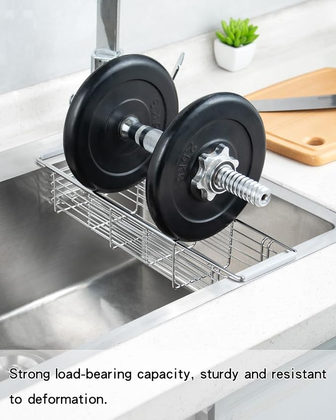 Expandable Kitchen Sink Caddy, 304 Stainless Steel Over the Sink Sponge Holder, Adjustable Drain Rack Organizer for Sponges, Brushes, Dish Soap, Rustproof & Quick-Dry