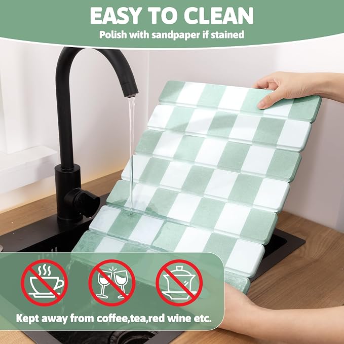 Yamaziot Stone Drying Mat for Kitchen Counter, 16"x12" Foldable Ultra Absorbent Stone Drying Mat, Quick-Dry Diatomaceous Earth Mat, Non-Slip Heat Resistant Mat for Dishes, Cups, Bottles, Green