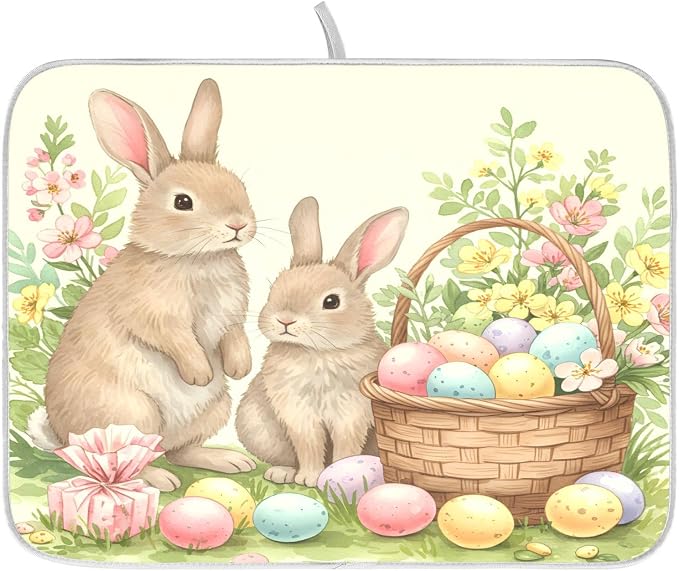 Cute Easter Bunny Rabbit Eggs Dish Drying Mat for Kitchen Counter Absorbent Microfiber Large Drying Pad Dish Mats for Kitchen Countertops 18 x 24 Inch