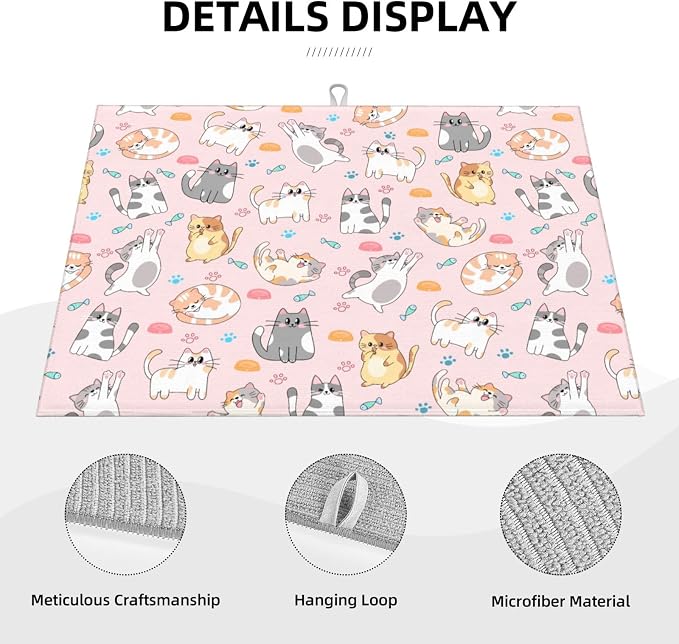Pink Cat Dish Drying Mat for Kitchen Counter Cute Kitchen Dish Mat Microfiber Kitchen Countertop Absorbent Reversible Drainer Rack Pad
