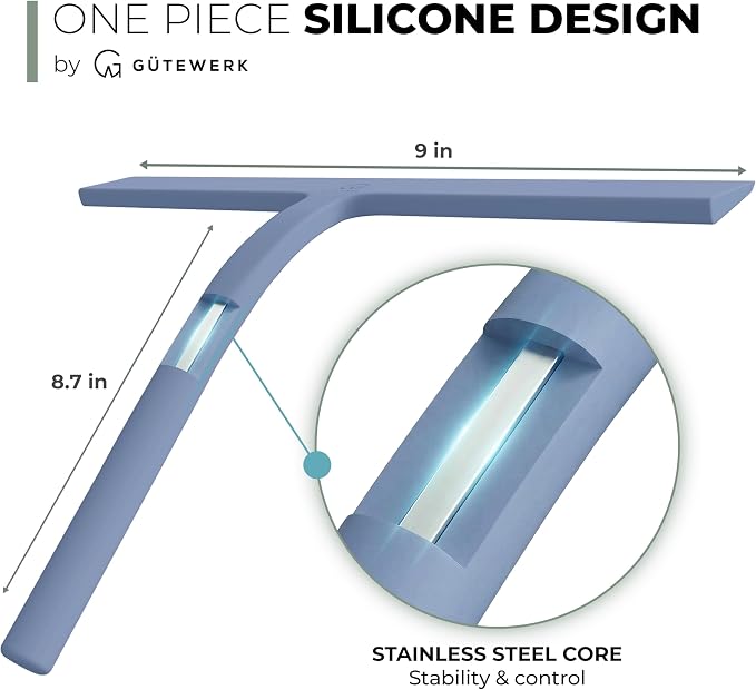GÜTEWERK Silicone Shower Squeegee for Glass Doors & Mirrors with Stainless Steel Core, Streak-Free & No-Squeak Window Cleaning, 3-in-1 No-Drill Mount (Hook/Suction/Adhesive),Blue, 9 Inches