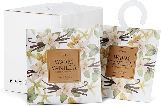 12 Pack Warm Vanilla Scented Sachets, Air Freshener for Small Spaces | Hanging Sachet Bags with Retractable Hook; Closet Deodorizer & Odor Eliminator for Drawers, Shoe Cabinets, Cars & Luggage