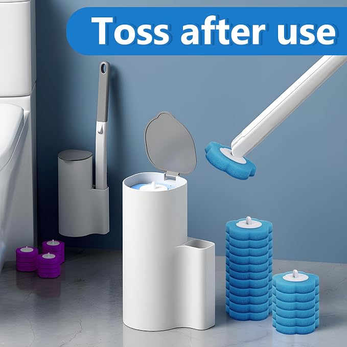 2 Pack Disposable Toilet Brush and Holder Set, Disposable Toilet Cleaning System Extended Handle with 48 Toilet Wand Refills, Toilet Brush for Toilet Bowl Cleaners, Bathroom Cleaning, Bathtub
