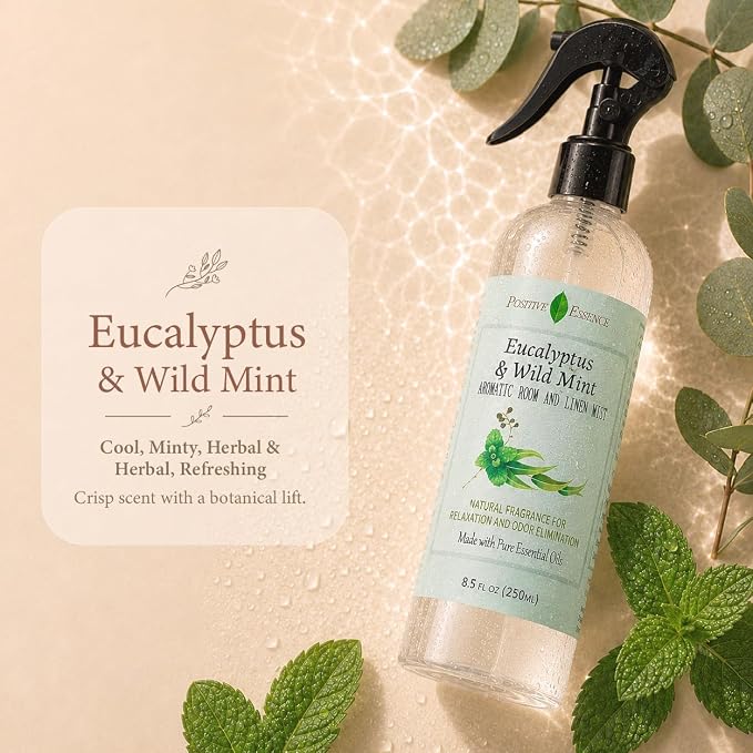 Eucalyptus & Wild Mint Room and Linen Spray, Natural Aromatic Mist Made with Pure Eucalyptus & Wild Mint Essential Oils, Refreshing Air Freshener Odor Eliminator Positive Essence (8.5 fl oz)