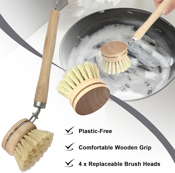 Wooden Dish Brush Set, 4 Natural Bristle Replacement Heads with 1 Sturdy Wooden Handle, Sisal Kitchen Scrub Brush for Pots, Pans, Vegetables and Cookware