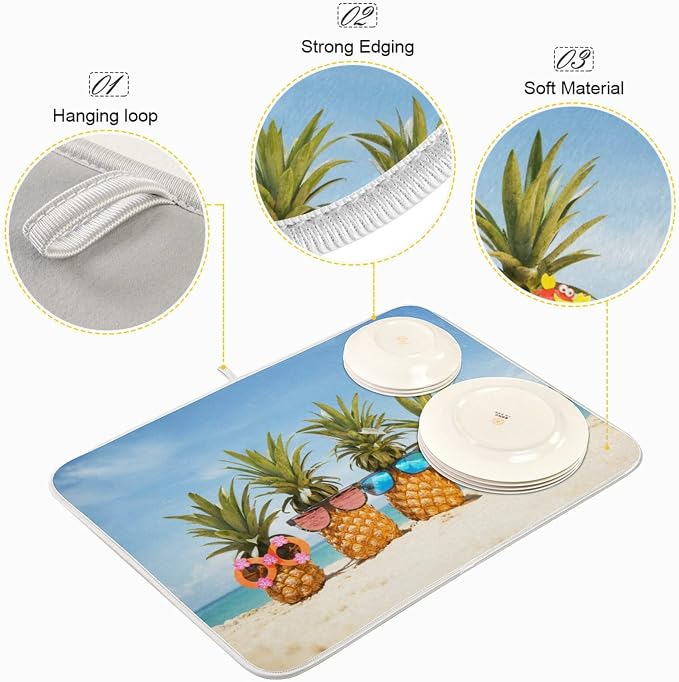Absorbent Dish Drying Mat for Kitchen Counter - Pineapple Beach Microfiber Drying Pad, Reversible Drainer Mats for Countertop, Lager 18 x 24 inch
