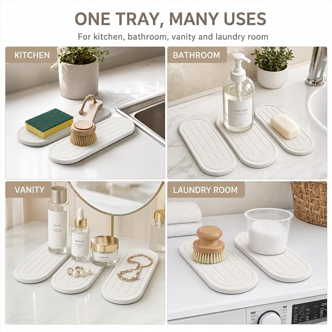 Razborci 2PCS Water Absorbing Stone Drying Tray Mat for Bathroom Sink & Kitchen Counter Faucet Organizer Decor, Quick Dry Dish Soap Dispenser Sponge Holder, Vanity Sink Caddy Coaster,White -10"*3.8"