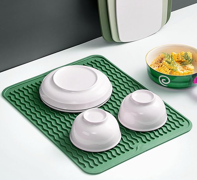 Silicone Dish Drying Mat for Multiple Usage, Easy clean, Eco-friendly, Heat-resistant Dish Drainer Mat for Kitchen Counter,Sink,Refrigerator or Drawer liner (12" x 12", Dark Green)