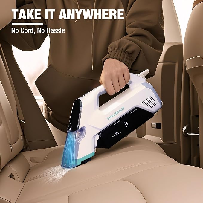 HAUSHOF 12V Cordless Handheld Carpet Cleaner, 6.5KPa Suction | 2 Water Tanks, Type-C Charging, Spot & Stain Cleaner, Portable Design for Carpet, Upholstery, Stairs & Car