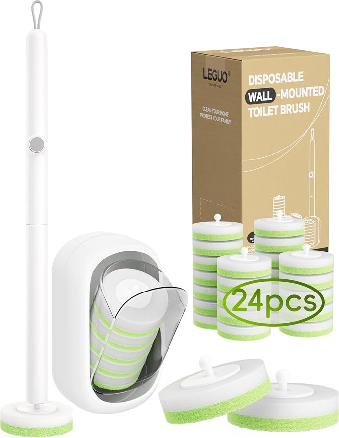 Wall Mounted Disposable Toilet Brush System with Holder, Toilet Bowl Cleaning Wand with Green Refills and One-Button Release, 1 Wand and Holder with 24 Green Refills
