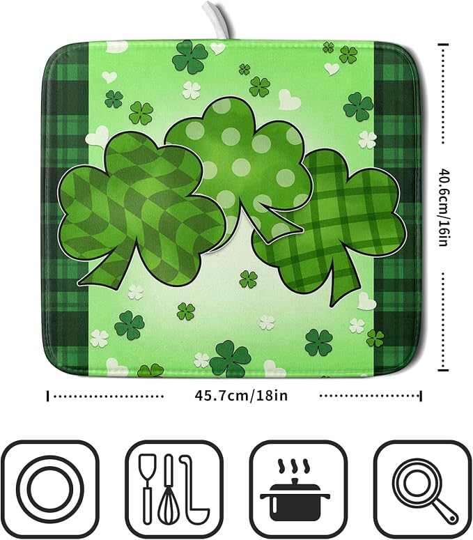St Patrick's Day Shamrocks Dish Drying Mat 16x18 Inch - Lucky Clovers Kitchen Spring Irish Green Buffalo Check Plaid Pad - Absorbent Microfiber for Coffee Bar
