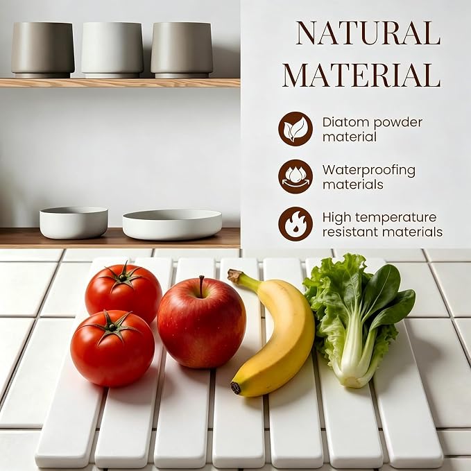 Large Stone Dish Drying Mats for Kitchen Counter 16"(L)×12"(W) Foldable Quick Dry Stone Dish Drying Mats Kitchen Absorbent Diatomaceous Earth Drying Stone Mat for Dishes Bottles Cups White