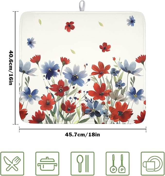 4th of July Floral Dish Drying Mat for Kitchen Counter 16 x 18 Inch Patriotic Dish Drainer Mat Absorbent Microfiber Independece Day Dish Rack Pad for Coffee Dining Bar Decor