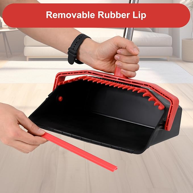 Large Upright Broom and Dustpan, Heavy Duty Dust Pan with 51" Long Handle for Indoor Outdoor Garage Kitchen Room (Black and Red)