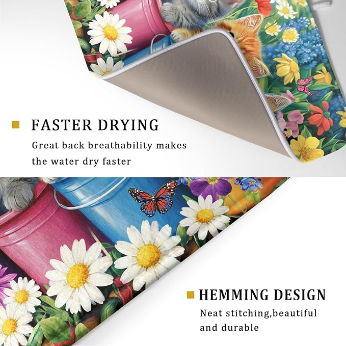 Lovely Cat Drying Mat for Kitchen Counter Colorful Flower Absorbent Coffee Bar Mat 18 X 24