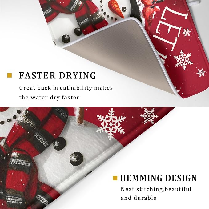Winter Snowman Dish Drying Mat for Kitchen Counter 18x24 Inch Christmas Dish Draining Mat Xmas Snowflakes Decorations Fast Absorbent Tableware Cardinal Birld Dishes Pad for Coffee Bar Countertop