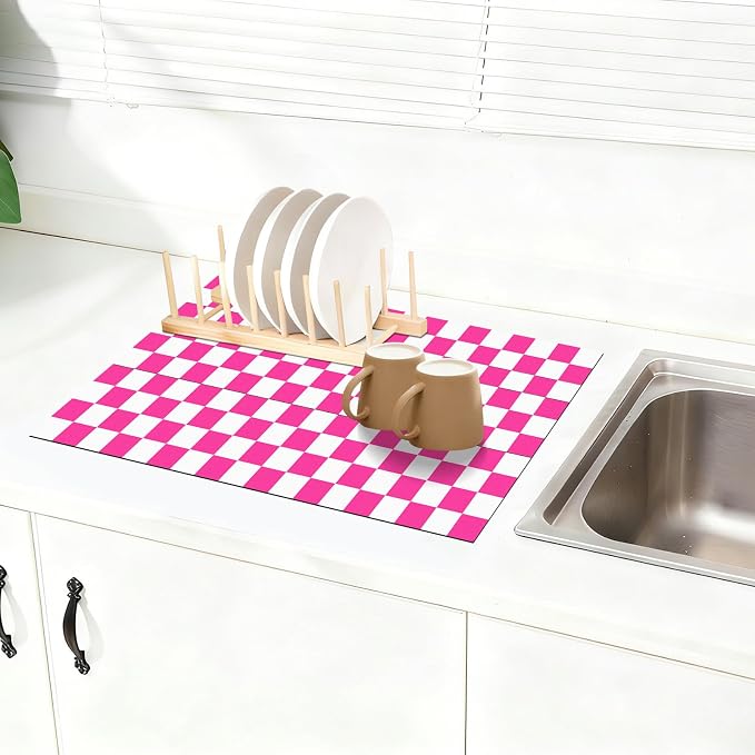 Checkered Dish Drying Mat for Kitchen Counter 24x16 Inch | Super Absorbent Microfiber Resistant Mat, Reusable Place Mats,Aesthetic Coffee Car Accessories,Office Desk Pad Protector