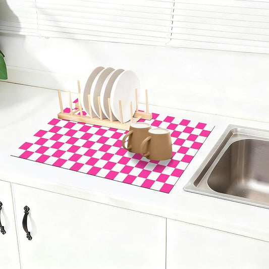 Checkered Dish Drying Mat for Kitchen Counter 24x16 Inch | Super Absorbent Microfiber Resistant Mat, Reusable Place Mats,Aesthetic Coffee Car Accessories,Office Desk Pad Protector