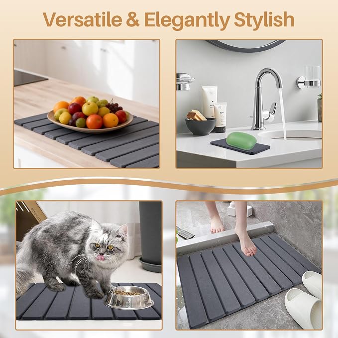 2 PCS Quick Dry Stone Dishes Mats for Kitchen Counter,Collapsible Quick Drying Dish Mats,Ultra Absorbent Diatomaceous Earth Mats for Dishes Bottles Cups, Match Any Countertop（Dark Gray 24"×16"& 8"x4"）