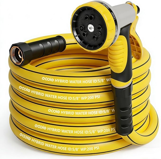 Garden Hose 50 ft x 5/8" with Nozzle, Water Hose Heavy Duty Flexible, Lightweight Kink-less Hybrid Hose with Swivel Handle, Male to Female Fittings