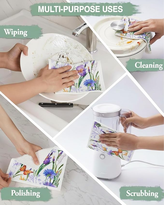 14 PCS Flower Print Swedish Dishcloths for Kitchen 100% Biodegradable, Reusable Cellulose Sponge Cloths Ultra Absorbent, Eco Friendly Cleaning Towels Dishcloths for Washing Dishes & General Cleaning