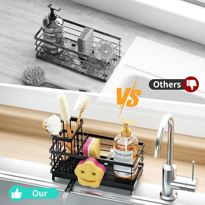 HapiRm Sponge Holder for Kitchen Sink - Self-draining Sink Caddy with Smiley Face and Brush Holder, Stainless Steel Kitchen Countertop Essentials and Gadgets - Black