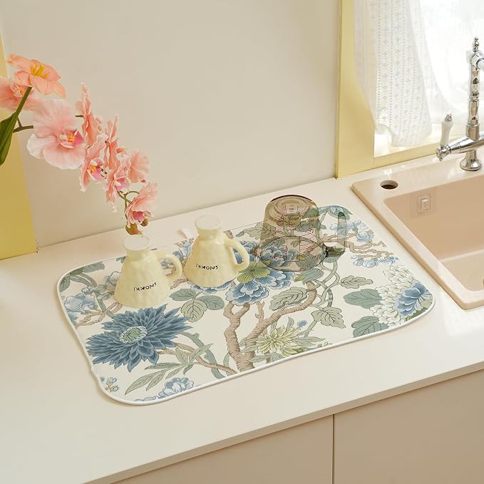 Chinoiserie Dish Drying Mat 18x24 Inch Vintage Sage Green Blue Floral Drying Mat Boho Spring Summer Seasonal Absorbent Dish Drying Pad Dish Rack Drainer Mats for Kitchen Dining Counter