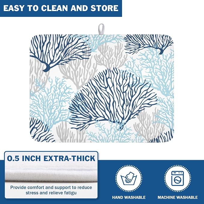 Beach Theme Dish Drying Mat for Kitchen Counter 18x24 Inch | Blue Coral，Polyester，Absorbent Microfiber，for Coffee Dining Decor