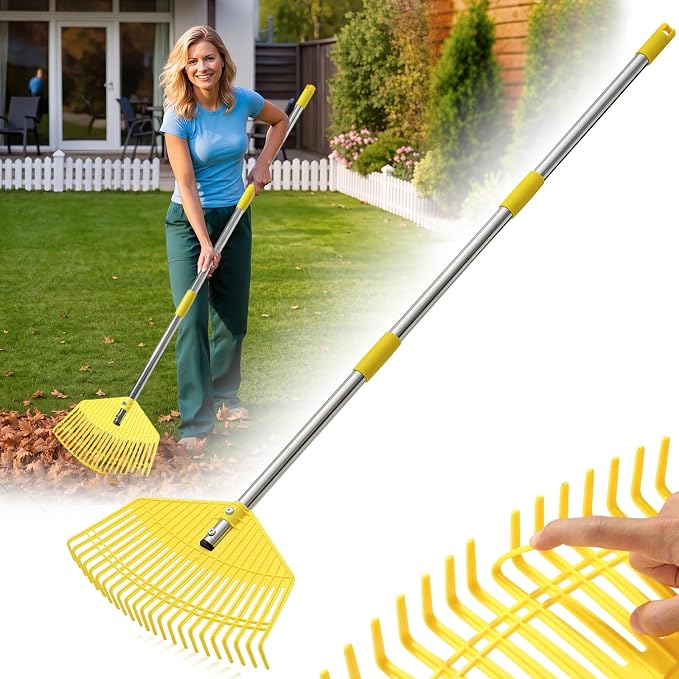 Leaf Rake - 16.5" Wide Nylon Plastic Head,51" Adjustable Stainless Steel Handle,Heavy Duty Gardening Leaves Rake Tools for Garden Lawns,Yard,Shrub,Grass - Lightweight for Women,Seniors & Kids