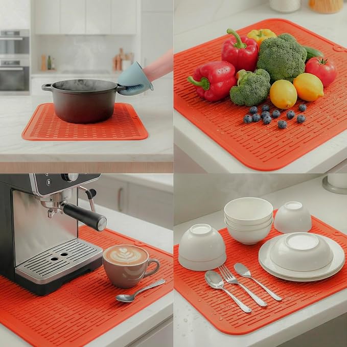 MicoYang Silicone Dish Drying Mat for Multiple Usage,Easy clean,Eco-friendly,Heat-resistant Silicone Mat for Kitchen Counter or Sink,Refrigerator or Drawer Liner Orange XL 18 inches x 16 inches