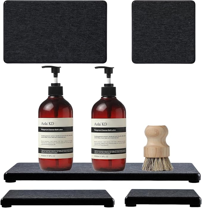 3PCS Water Absorbing Soap Dish Sponge Holder, Diatomite Stone Drying Tray Mat Sink Caddy for Kitchen Counter & Bathroom, Small Stone Bath Mat Faucet Accessories Organizer Protector,Dark Gray,9"x 3.5"