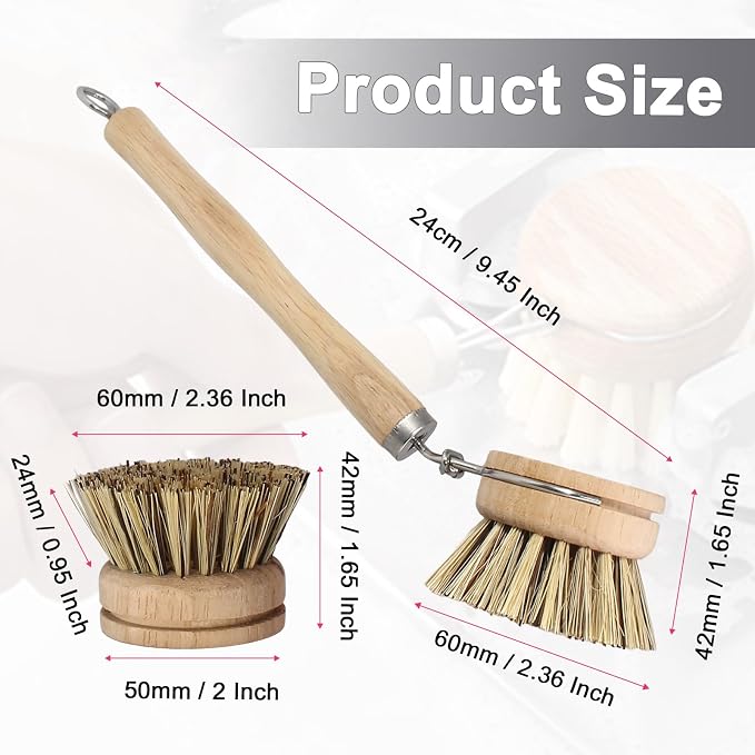 Wooden Dish Brush Set, 4 Natural Bristle Replacement Heads with 1 Sturdy Wooden Handle, Palm Kitchen Scrub Brush for Pots, Pans, Vegetables and Cookware