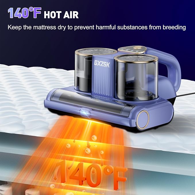 Gxzsk Mattress Vacuum Cleaner, 16kPa Bed Vacuum Cleaner, Handheld Vacuum | 253.7nm UV-C Light, Ultrasonic & 140℉ Heating, Dual Cup & Widen Suction Port for Bed, Sofa, Couch, Crib (500W, Corded)