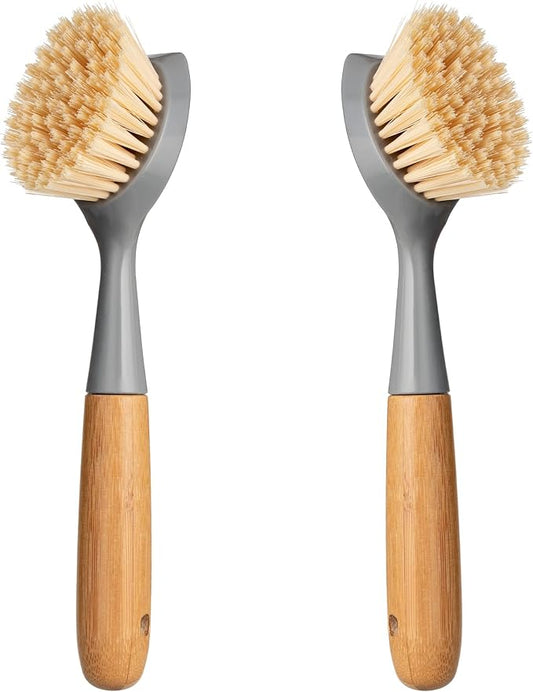 2 Pack Kitchen Dish Brush Bamboo Handle Dish Scrubber Built-in Scraper, Scrub Brush for Pans, Pots, Kitchen Sink Cleaning, Dishwashing and Cleaning Brushes are Perfect Cleaning Tools, Color-Gray
