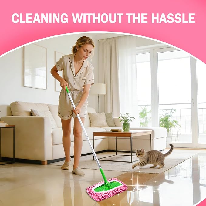 8 Pack Reusable Mop Pads Compatible with Swiffer Sweeper, Dry Sweeping Cloths & Wet Mopping Cloths - Microfiber Mop Pads for Hardwood Floors, Floor Cleaning, Wood Floors (Pink)
