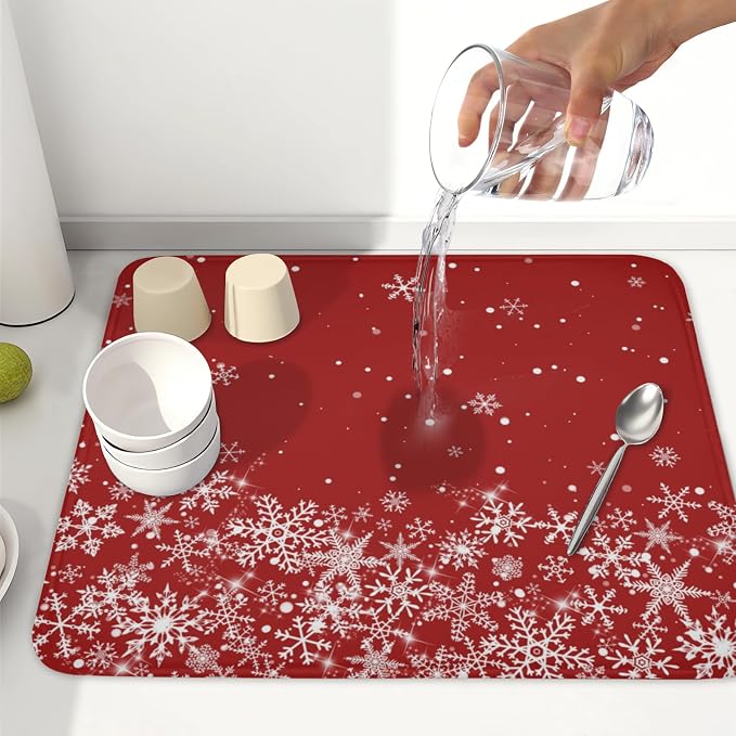 Christmas Dish Drying Mat for Kitchen Counter 16 x 18 Inch Xmas Snowflake Dish Drainer Mat Absorbent Microfiber Red Dish Rack Pad for Holiday Winter Coffee Dining Bar Decor