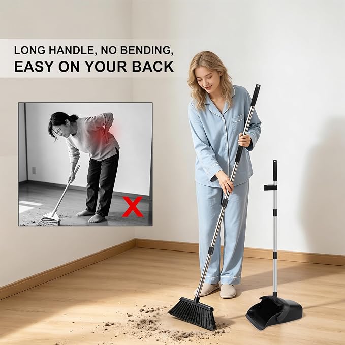 Broom and Dustpan Set 2 Pack, Upright Stand Up Broom and Dustpan Combo with Long Handles, Self-Cleaning Dustpan Teeth, Indoor Outdoor Sweeping Set for Home, Kitchen, Garage Pet Areas Black