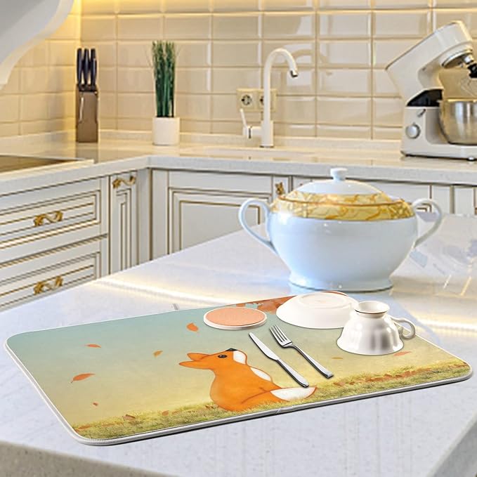 Absorbent Dish Drying Mat for Kitchen Counter - Cute Fox Microfiber Drying Pad, Reversible Drainer Mats for Countertop, Lager 18 x 24 inch