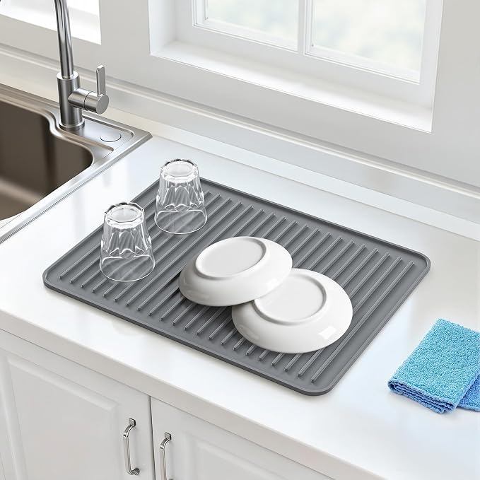 Songrey 16" x 12" Silicone Dish Drying Mat, Kitchen Counter Drying Pad for Sink Dishes or Under Rack, Multi-Use as Heat Resistant Trivet, Coffee Bar Mat