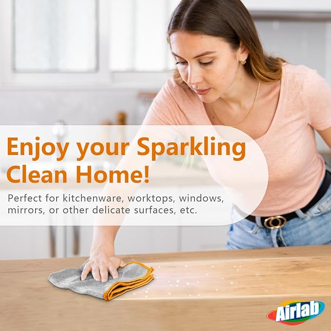 Airlab Glass Polishing Streak Free Miracle Cleaning Cloth, Sliver-Orange | Lint Free Microfiber Cleaning Rags for Glasses Kitchen Dish Mirrors Easy Clean, 12 x 12 Inches, Pack of 6