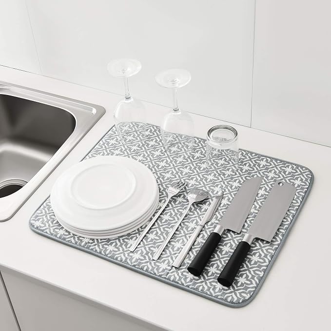 SUBEKYU Dish Drying Mats for Kitchen Counter, Microfiber Absorbent Dish Drainer/Rack Pads for Sink, 19.5*15.8 inch, Set of 2, Grey, leaf