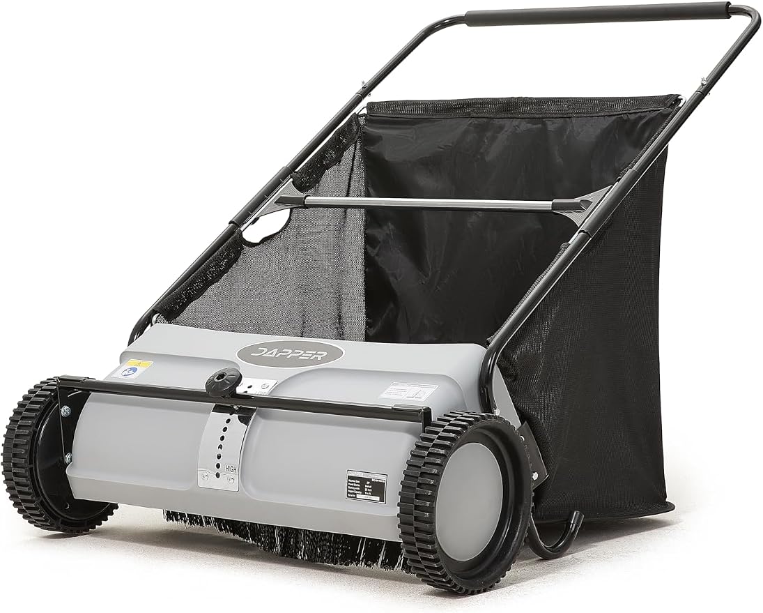 Dapper Supply 26-Inch Push Lawn Sweeper, Grass, Lawn and Leaf Cleanup Collector with Large 7 cu. ft. Hopper Bag, and Dual Spinning Brushes, Grey