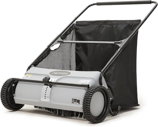Dapper Supply 26-Inch Push Lawn Sweeper, Grass, Lawn and Leaf Cleanup Collector with Large 7 cu. ft. Hopper Bag, and Dual Spinning Brushes, Grey