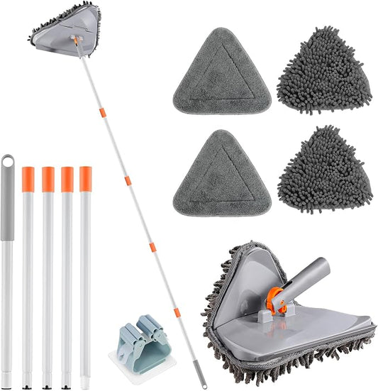 RONSUNG Wall Cleaner Mop, 82-Inch Handle, Baseboard Cleaner Tool, 4 Pads | Wall scrubber with long handle, triangle head, squeegee, and 4 pads for walls, ceilings, windows, baseboards, and floors