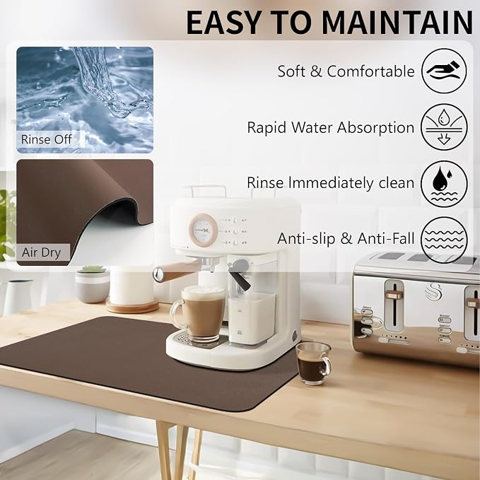 Dish Drying Mat, 16" x 24" Dish Drying Rack Pad with Rubber Backed, Absorbent Coffee Bar Mat for Kitchen Countertop, Easy to Clean Espresso Mats, Fit Under Coffee Machine, Brown