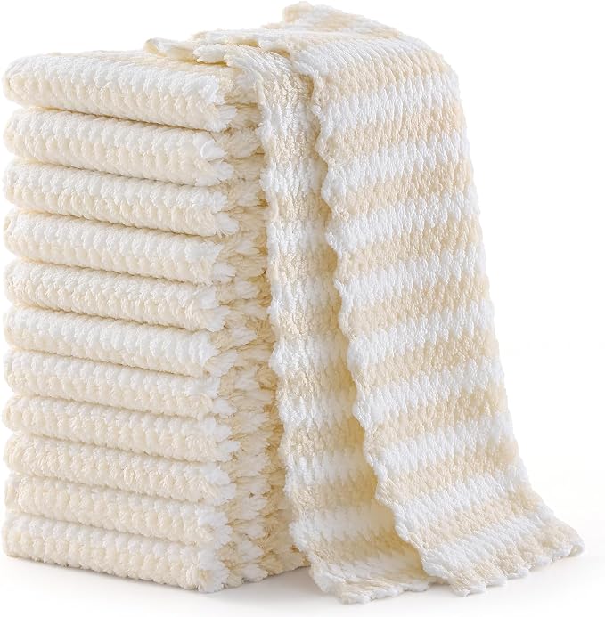 Homaxy 12 Pack Kitchen Dish Cloths, Ultra Soft and Absorbent Dish Towels, Reusable Fast Drying Microfiber Cleaning Cloth, Coral Velvet Wave Design No-lint, 7 x 9 inches, Beige